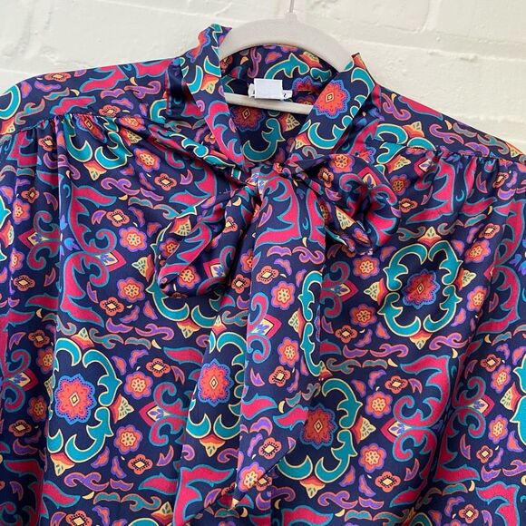 VTG Dalton 70s Jewel Tone Satin Bow Blouse XL Secretary Disco Boho Retro - Picture 2 of 6